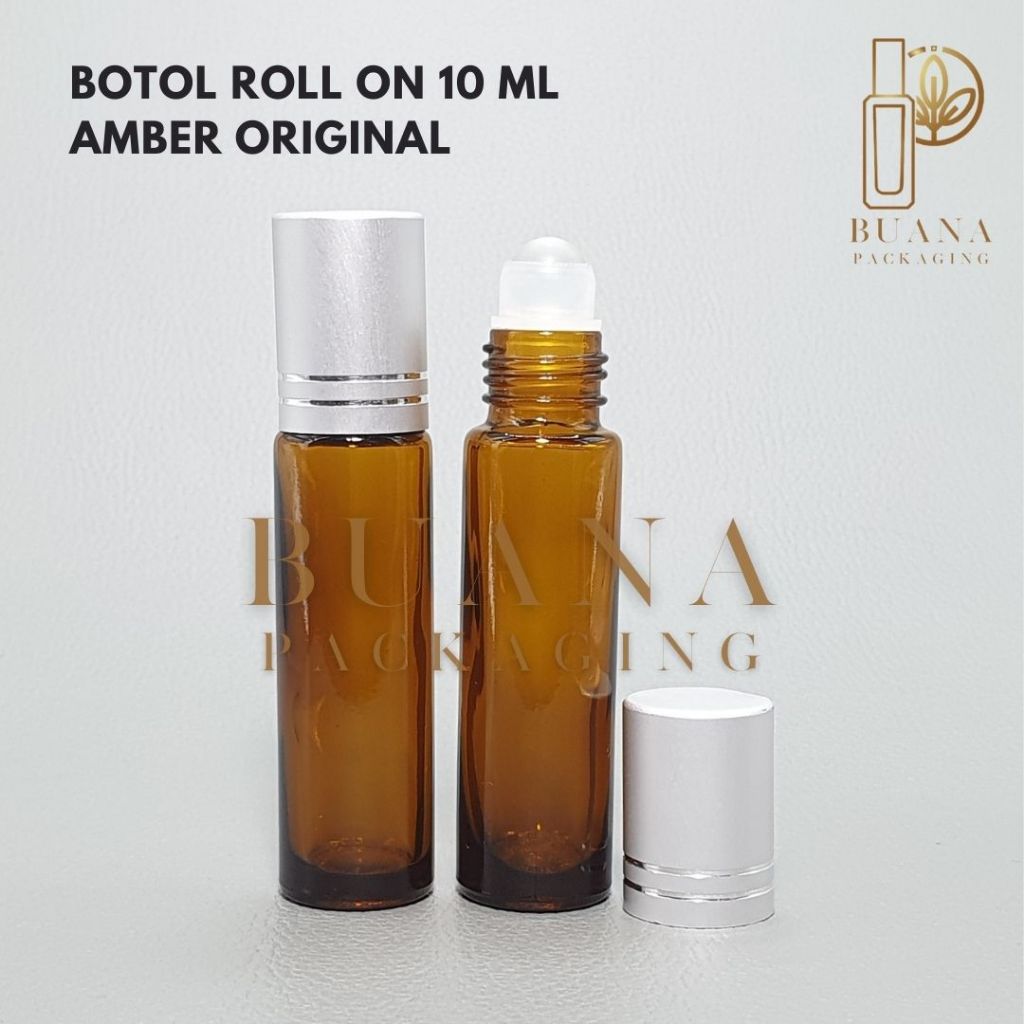 Botol Roll On 10 ml Amber Original Tutup Stainles Silver Matte Bola Plastik Natural / Botol Roll On / Botol Kaca / Parfum Roll On / Botol Parfum / Botol Parfume Refill / Roll On 8 ml