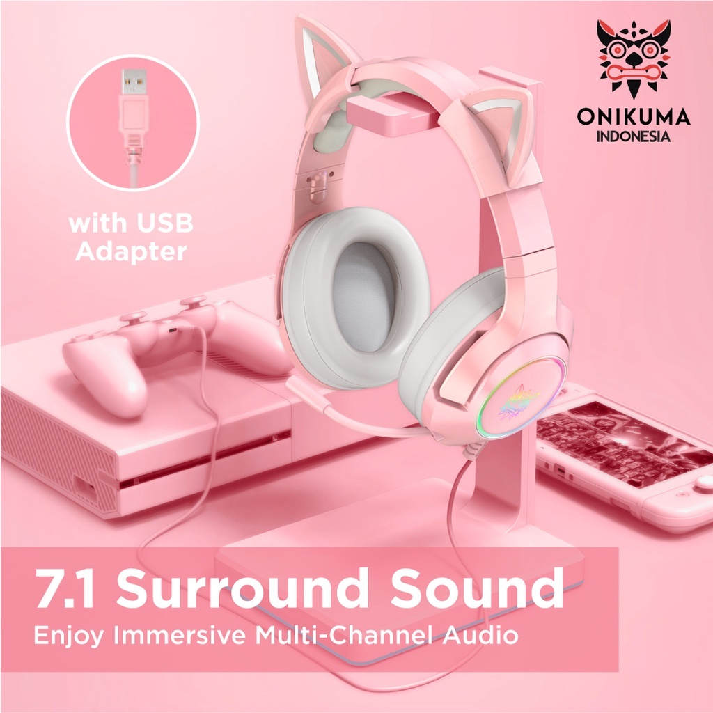 ONIKUMA K9 Headphone Gaming Wanita 2024 NEW - Pink RGB Headset Gaming Model Cat Ear Original
