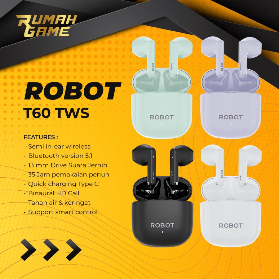 Robot Airbuds T60 Headset TWS Bluetooth Handsfree BT Earbuds Earphone