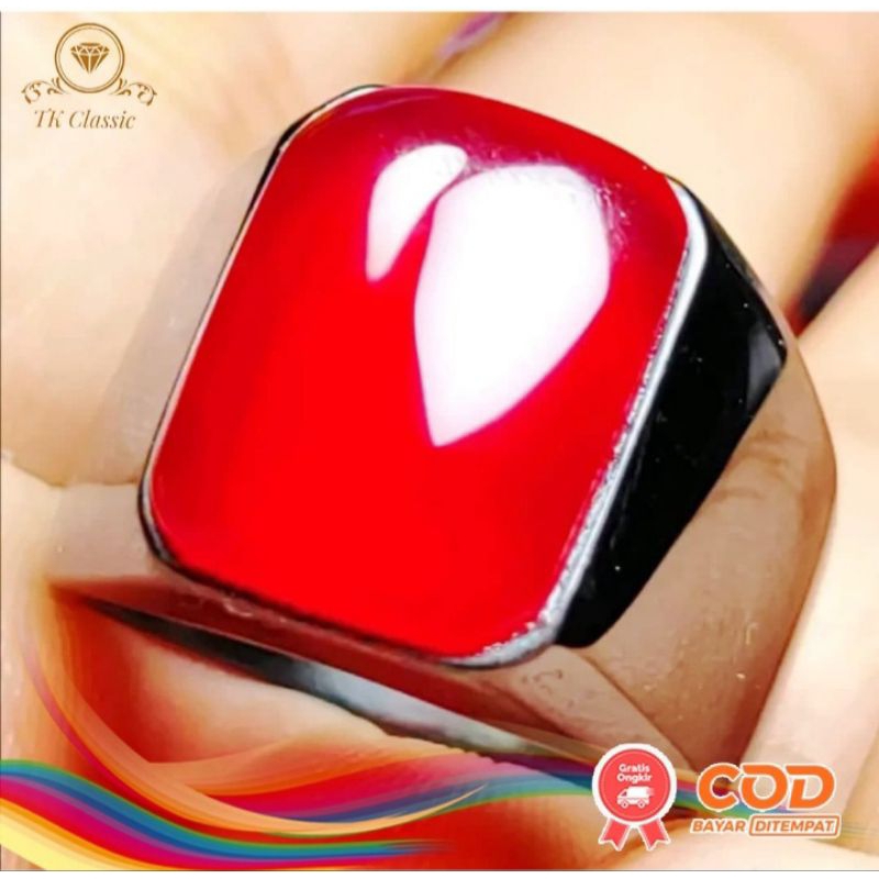 Cincin Batu Akik Asli Natural Red Baron Pacitan Kotak Ring Titanium Anti Karat Anti Luntur