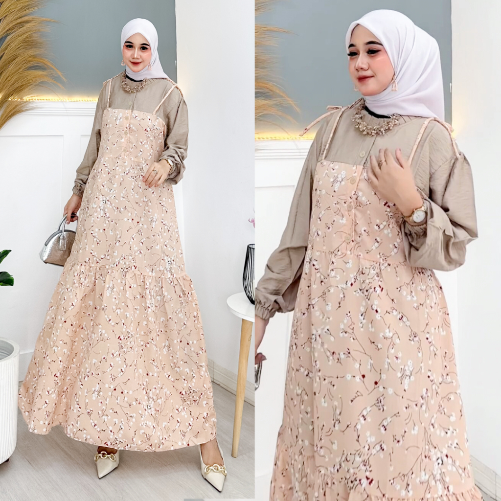 Yumna Dress Wanita Terbaru Kombinasi Motif Crinkle Bunga Model Kekinian Muslim Gamis Dewasa Remaja Simple Midi Kondangan
