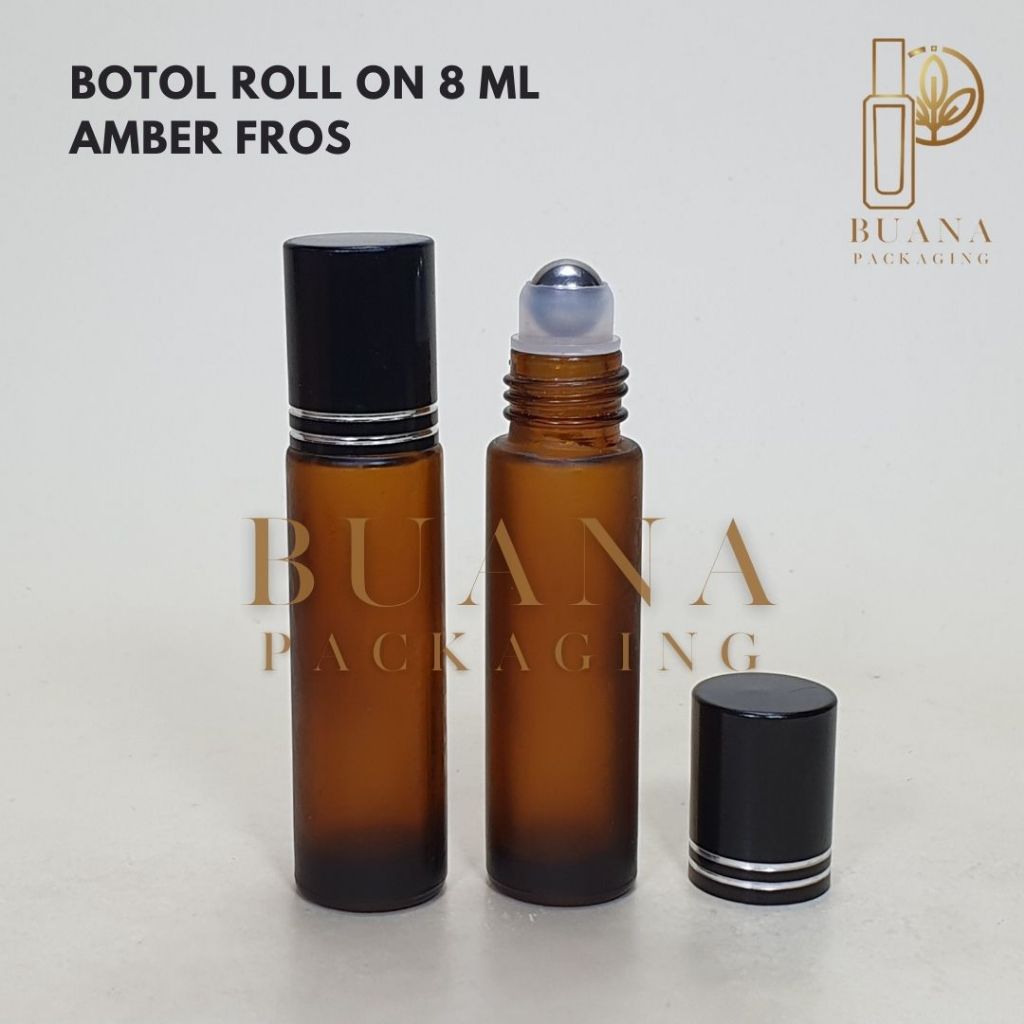 Botol Roll On 8 ml Amber Frossted Tutup Stainles Hitam Shiny Garis Bola Stainles / Roll On / Botol Kaca / Parfum Roll On / Botol Parfum / Botol Parfume Refill / Roll On 10 ml
