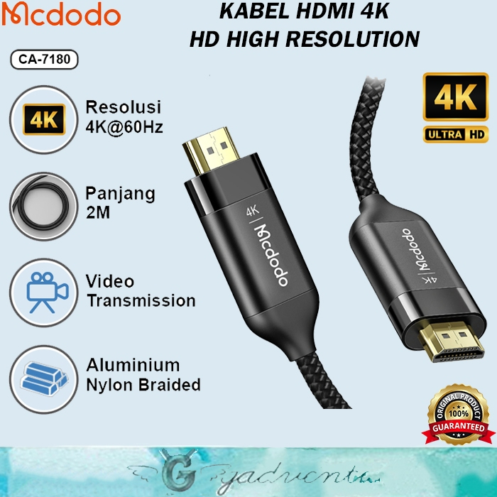 Mcdodo Ca-127 Kabel Hdmi To VGA / Hdmi to Hdmi / VGA to VGA Hd 4k 8k Display Cable Converter Audio Video Ps4 Pc Laptop Komputer Sambungan Layar Monitor Premium Nylon Braided-HDMI To HDMI 2M
