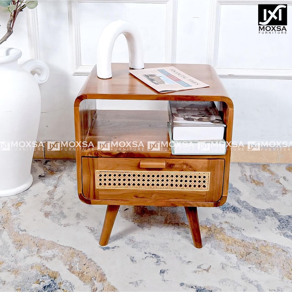 Nakas Lemari Kecil Tempat Tidur Kayu Jati Kombinasi Rotan Laci