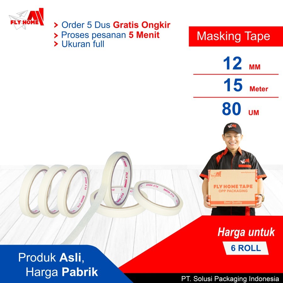 

FLYHOME Lakban kertas 12mm x 15meter 6 roll masking tape ukuran full