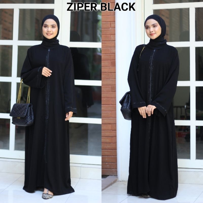 Pusat grosir abaya zipper ziper black diamond stone busui jetblack