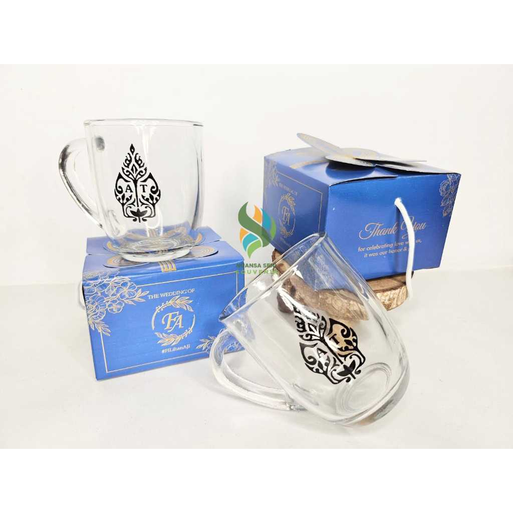 Souvenir Tumbler Minum 260ml Gelas Kopiku Mug Oval Mini Cangkir Teh Gagang Kaca Sablon Custom