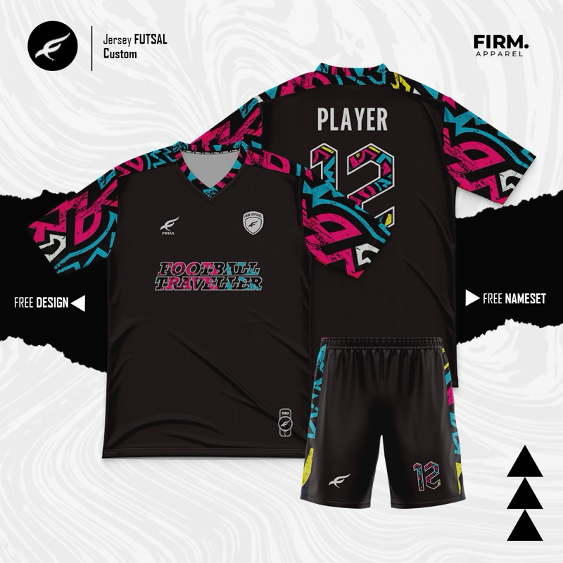 Jersey futsal hitam motif Tribal custom ( Free Design nama logo sponsor ) #FIRMTRBL02
