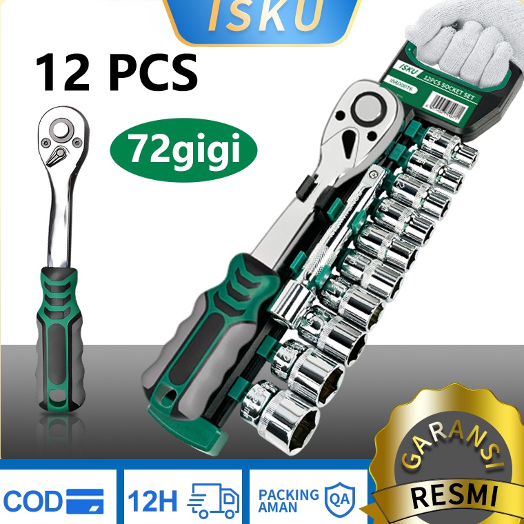 qi ISKU Kunci Sok Set CRV 12 PCS Kunci Sok Wrench 12 Rachet alat perkakas lengkap motor s Murah