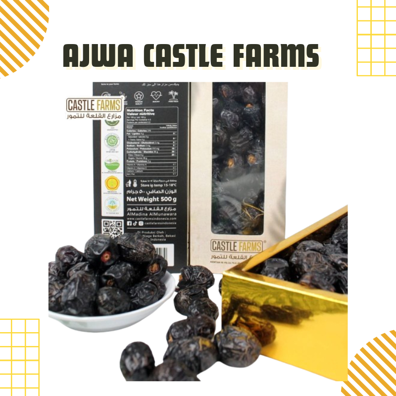 

Kurma Ajwa Castle Farm 500 Gram / Kurma Castle Farm Organic dus putih/ Kurma Nabi