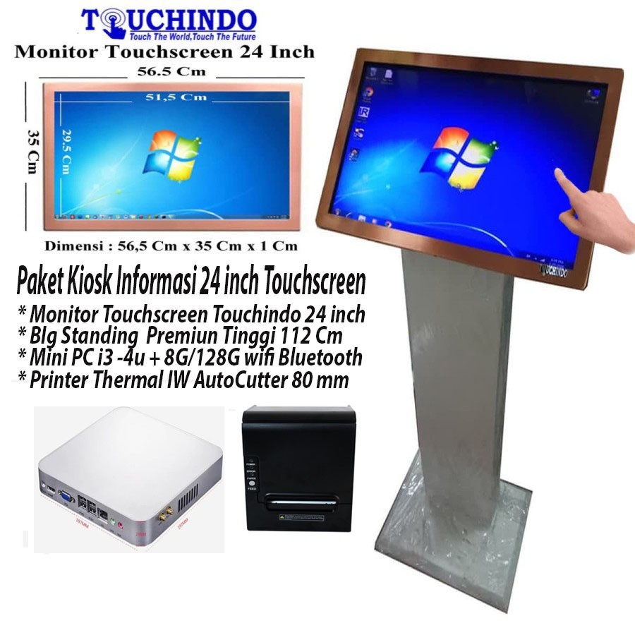 Kiosk Monitor Touchscreen 24 inch Stand 1.2 Meter + Mini PC + Printer