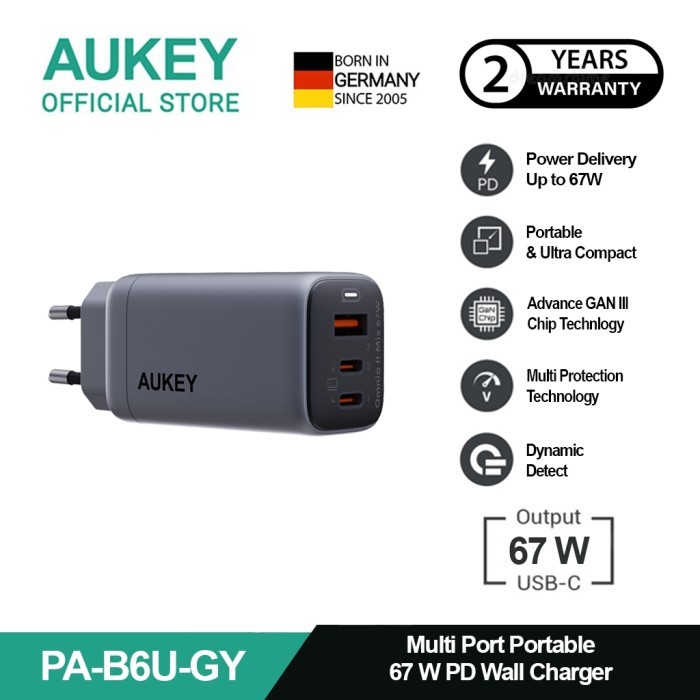AUKEY Charger Multi Port Type C and USB A 67W GAN PD 3.0 PPS NEW ORI HADIAH ULANG TAHUN HADIAH NATAL ANAK Aukey Charger 6 Iphone Samsung Quick Charge 3.0 Fast Charging New BARANG BAGUS