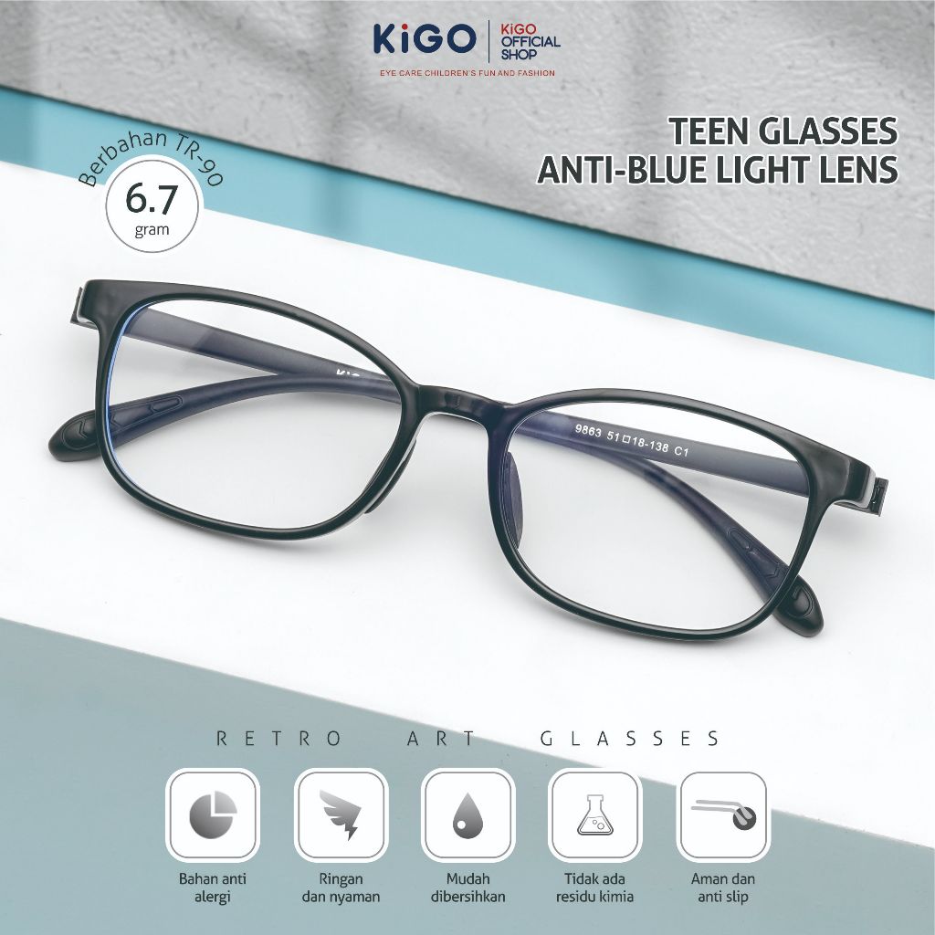 Kigo Kacamata Remaja Anti Radiasi Persegi Kekinian Retro Style TR-90 Ringan Lentur 9863