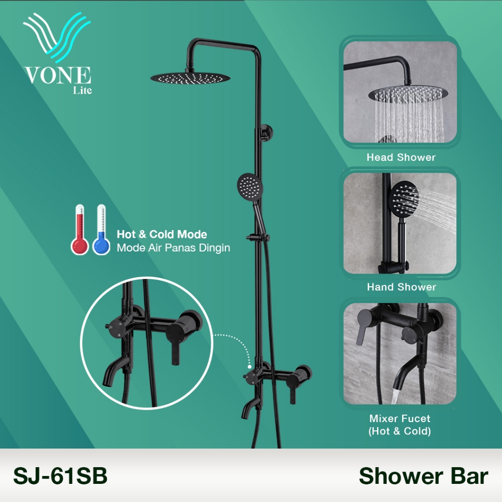 VONE LITE Shower Tiang Pancuran Mandi Set Keran Panas Dingin Stainless Hitam