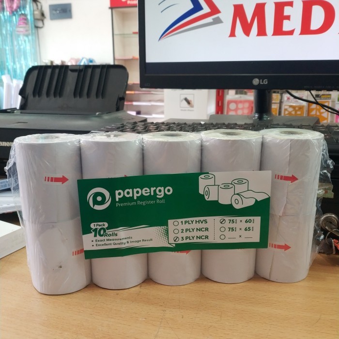 

Telstruk / Kertas Kasir 75 x60mm 3Ply Papergo