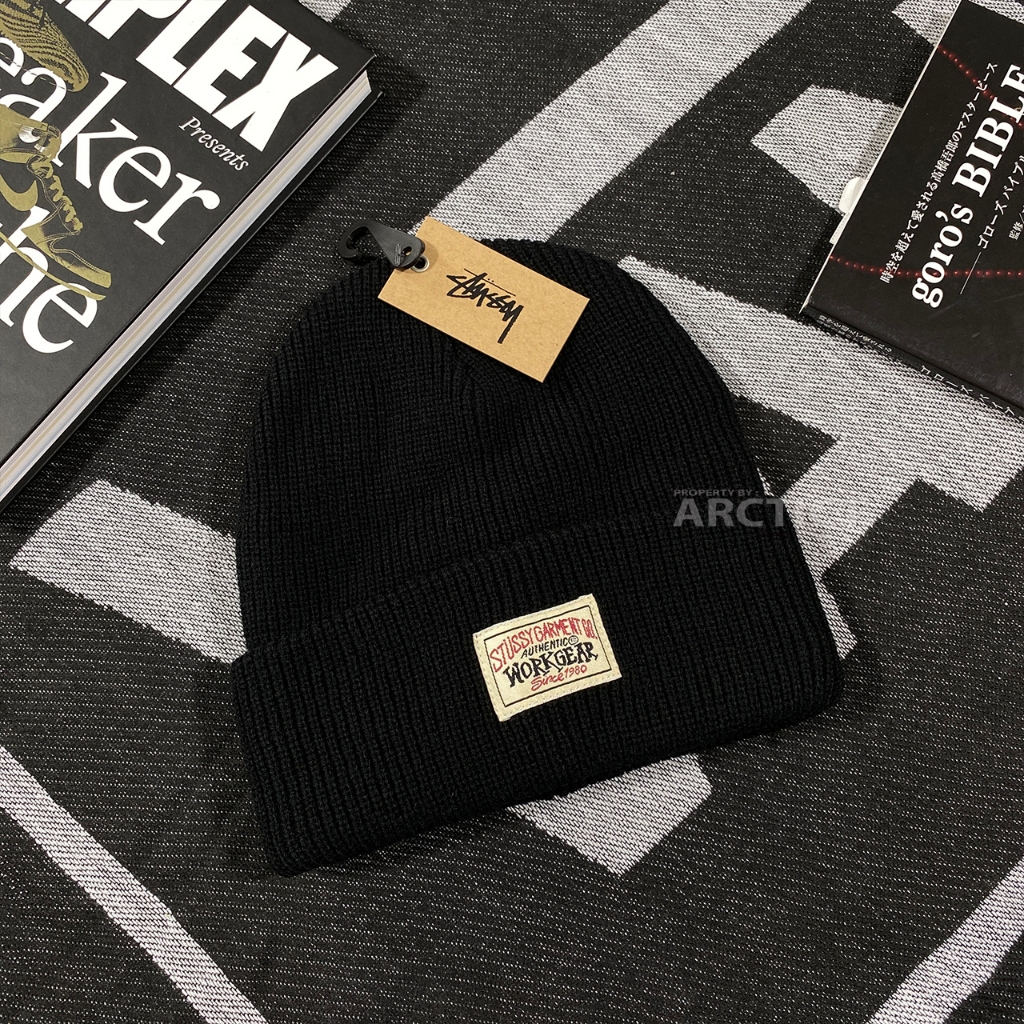 STUSSY WORKGEAR WAFFLE CUFF BEANIE HAT - BLACK | ORIGINAL
