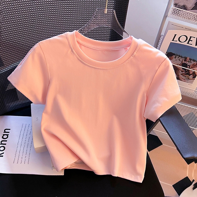 kaos crop lengan 3/4 / baju korea crop / Kaos melar ketat dengan leher kru / crop top kaos wanita (r