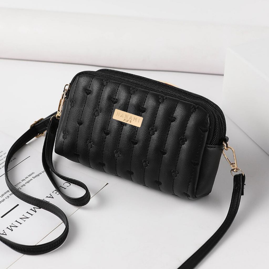 HANAMI Tas Selempang Wanita Cewek Korea Pesta 3 Resleting Kulit Hitam Ginzea Premium Sling Bag Kecil