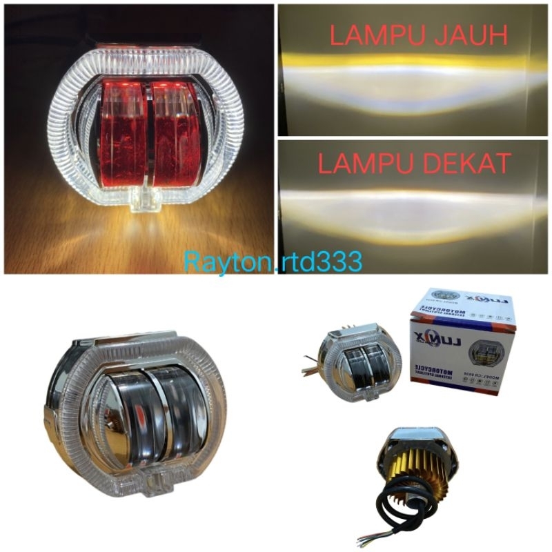 Lampu Motor Projie 2 Mata Projie Led Angel Eyes + Devil Led Putih-Kuning