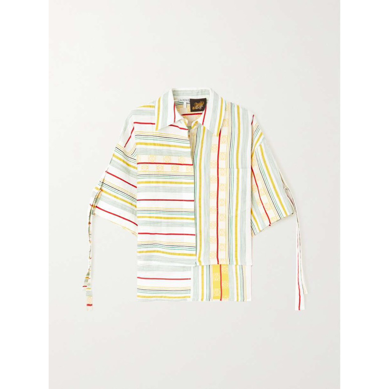 LOEWE + Paula's Ibiza cropped asymmetric striped cotton, linen and silk-blend shirt [ LOEWE ]