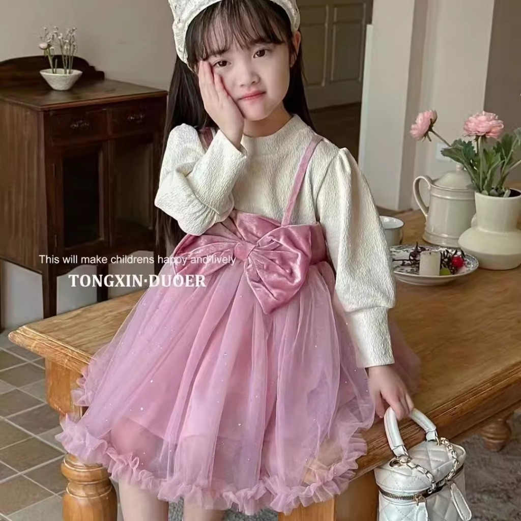 Dress 2in1 Bludru Anak Perempuan Usia 1-4 Tahun Inner Baju Kaos Lengan Panjang Kombinasi Rok Tutu Ti