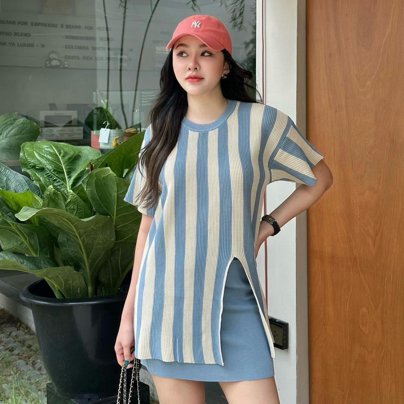 Clouwny Jerry Stripes Set Premium Knit Setelan Top Lengan Pendek Skirt Mini Slim Look Fashion Wanita