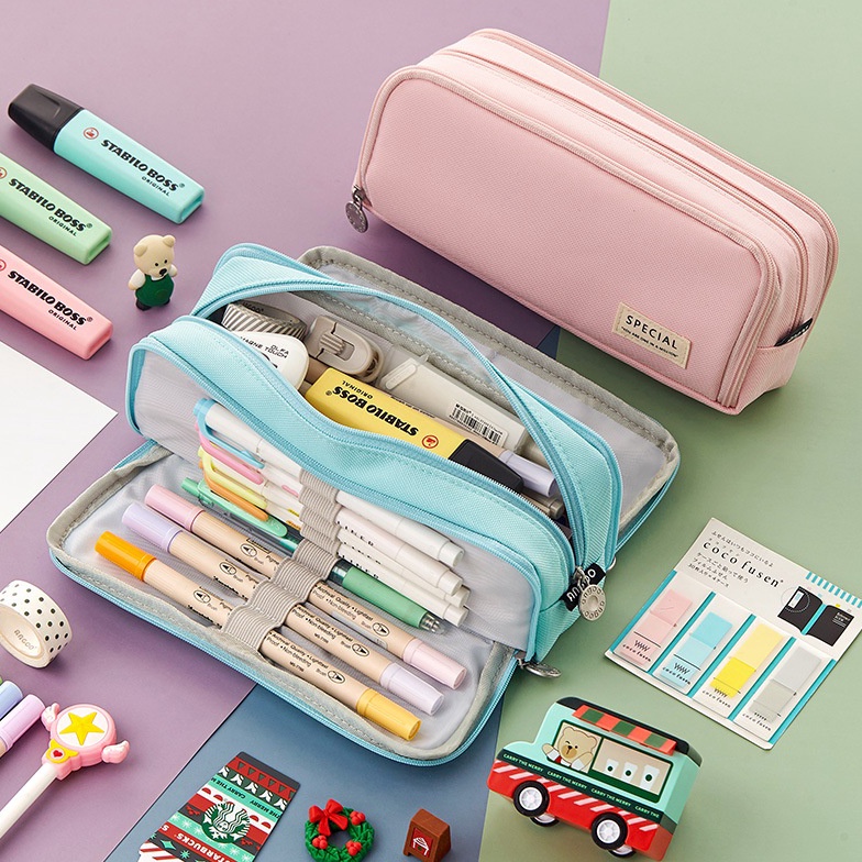 

Ready stock Angoo Kawaii Large Capacity Pencil Case 3 Compartment Pouch Pen Bag Double Side Opening Student Stationery Organizer School Supplies HB
