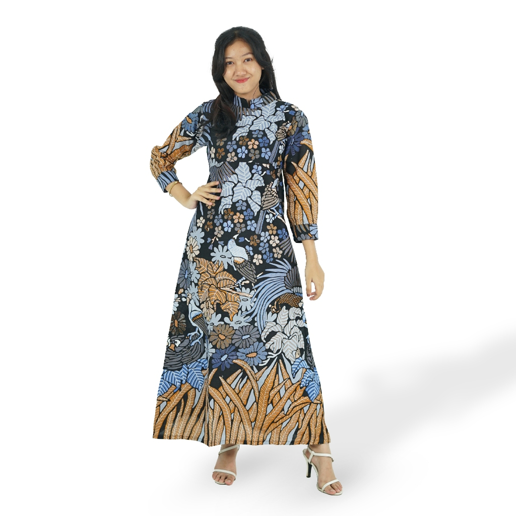 BATIK TRUSMI Dress Batik Wanita Gamis Batik Motif Macau Cokelat MJ