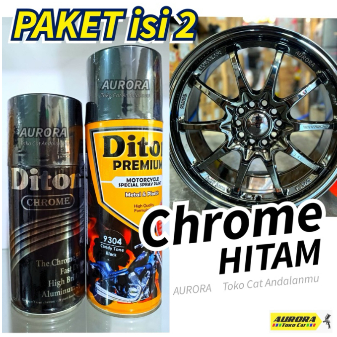 PAKET BLACK CHROME HITAM KROM  DITON PREMIUM isi 2 | 9304 CANDY HITAM Mengkilap Efek Kaca Cat Sempro