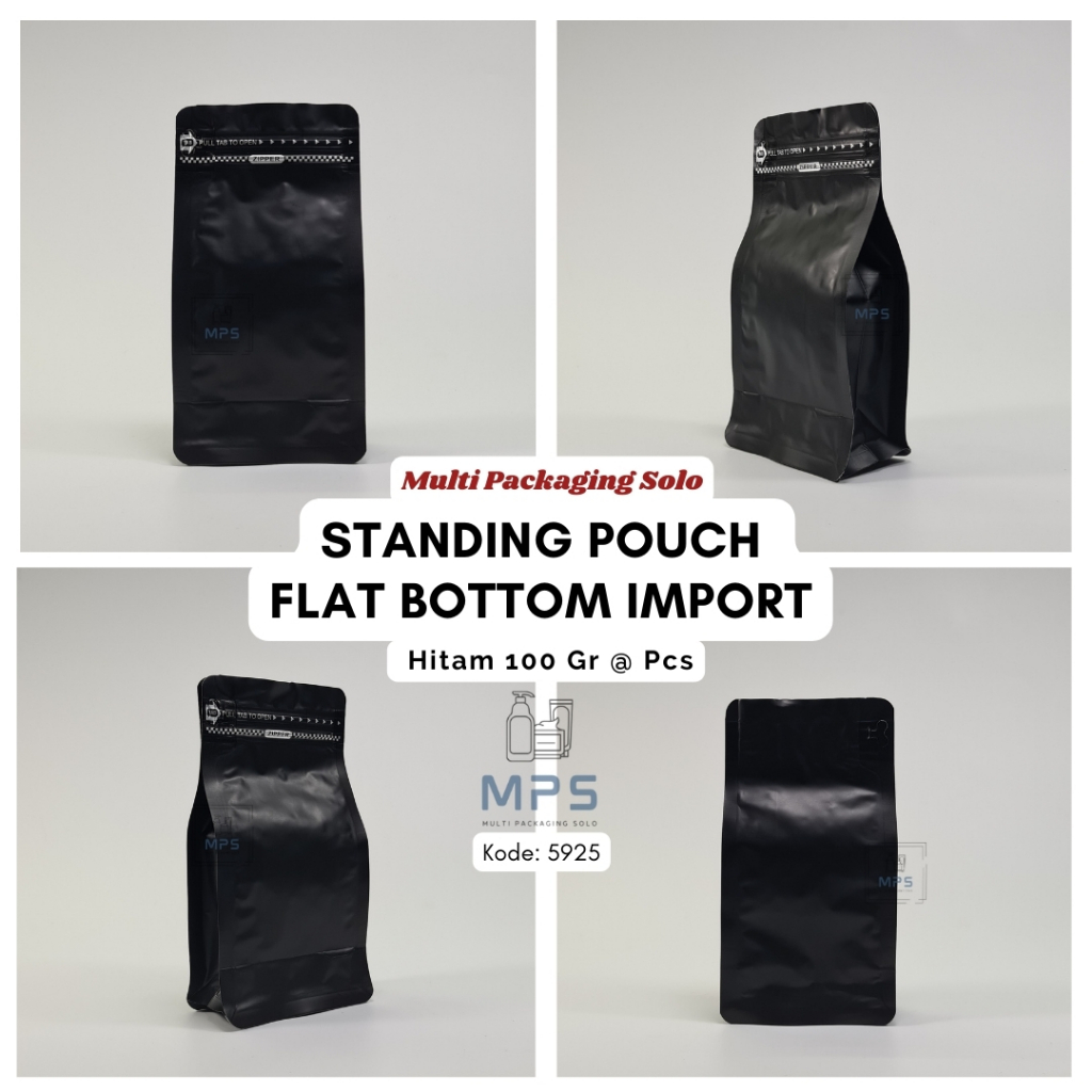 Flat Bottom Import Hitam 100 Gr @ Pcs / Flat Bottom / Plastik Kemasan / Kemasan Kopi / Kemasan Snack