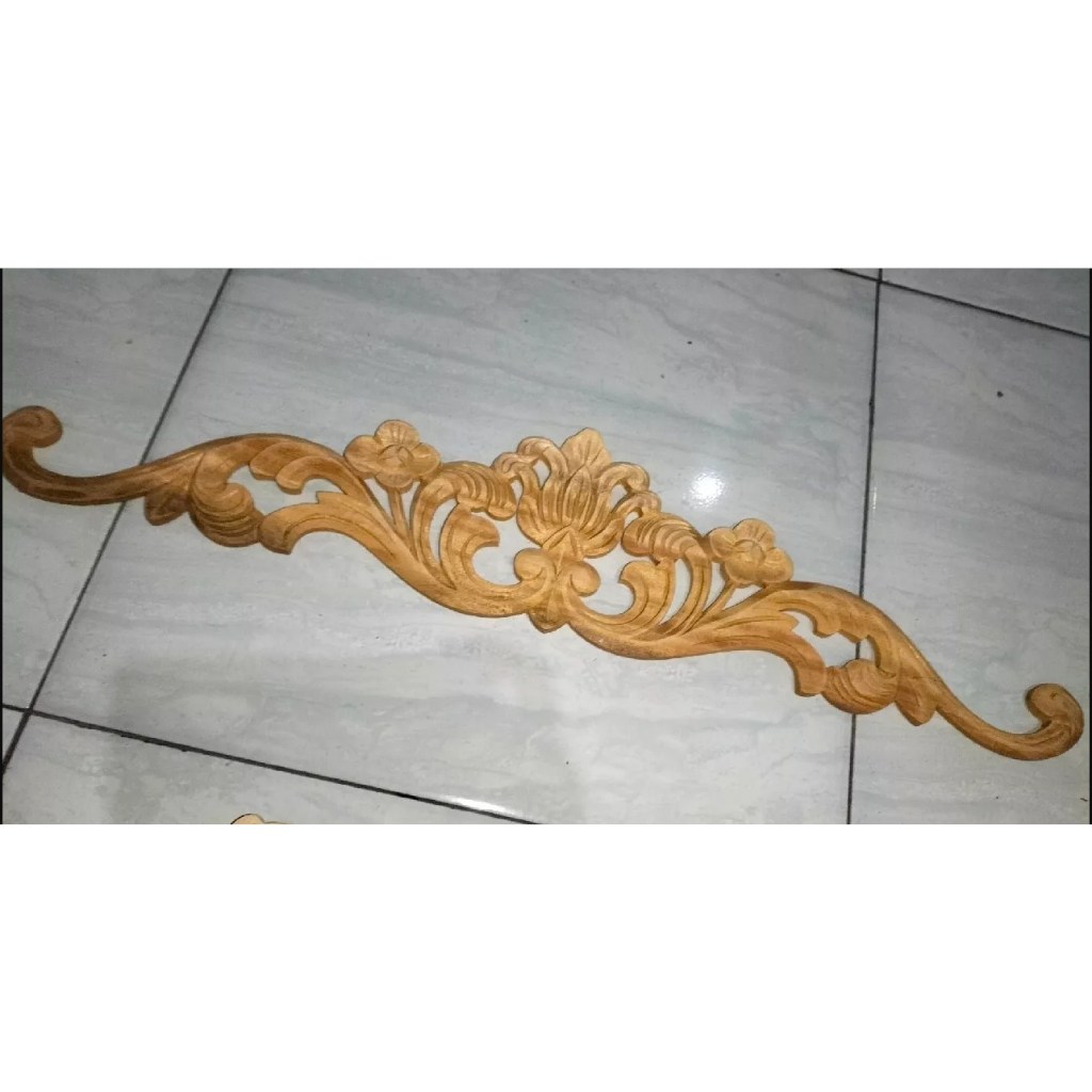 Ornamen Ukir Tempel Pajangan Ukir tempel Motif Bunga Tulip ukuran 60 x 13 Asli Buatan Jepara
