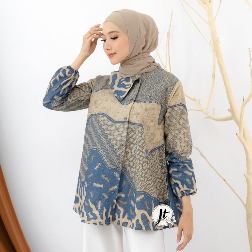 Baju Batik Wanita Atasan Batik Katun Kombinasi Motif Kawung Biru Telor asin M L XL