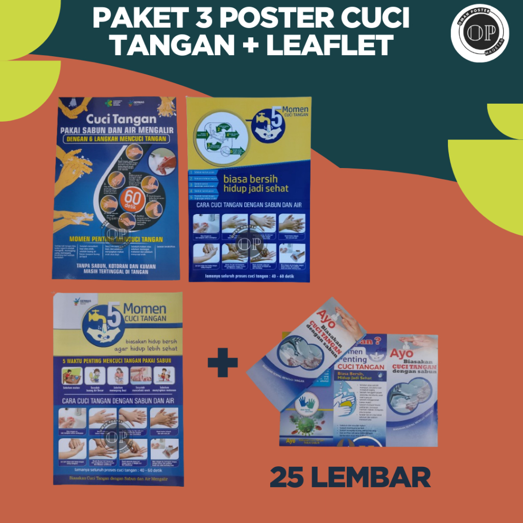 Pakat 3 Poster + 25 Leaflet Cuci Tangan - Cuci Tangan Nakes - Cuci Tangan Rumah Tangga - Kesehatan