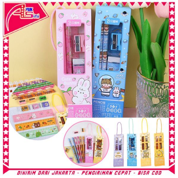 

AS Stationery Set 5 in 1 Alat Tulis Anak Sekolah Penghapus penggaris Pensil Serutan Karakter Lucu Set Alat Tulis Anak Motif Kartun