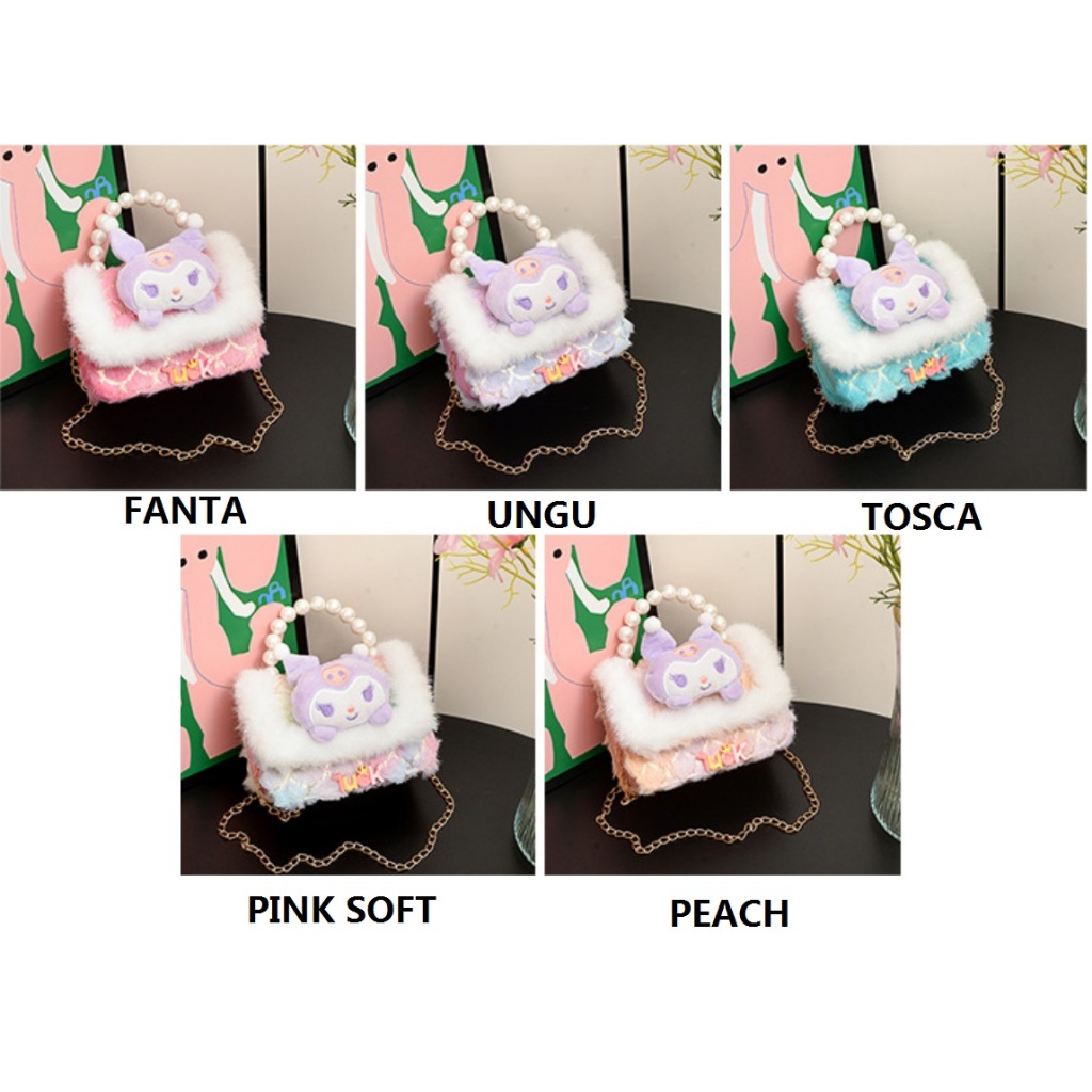 Tas Fashion Korea Anak Perempuan Selempang KUROMI 3D BULU PUTIH PREMIUM LIST EMAS