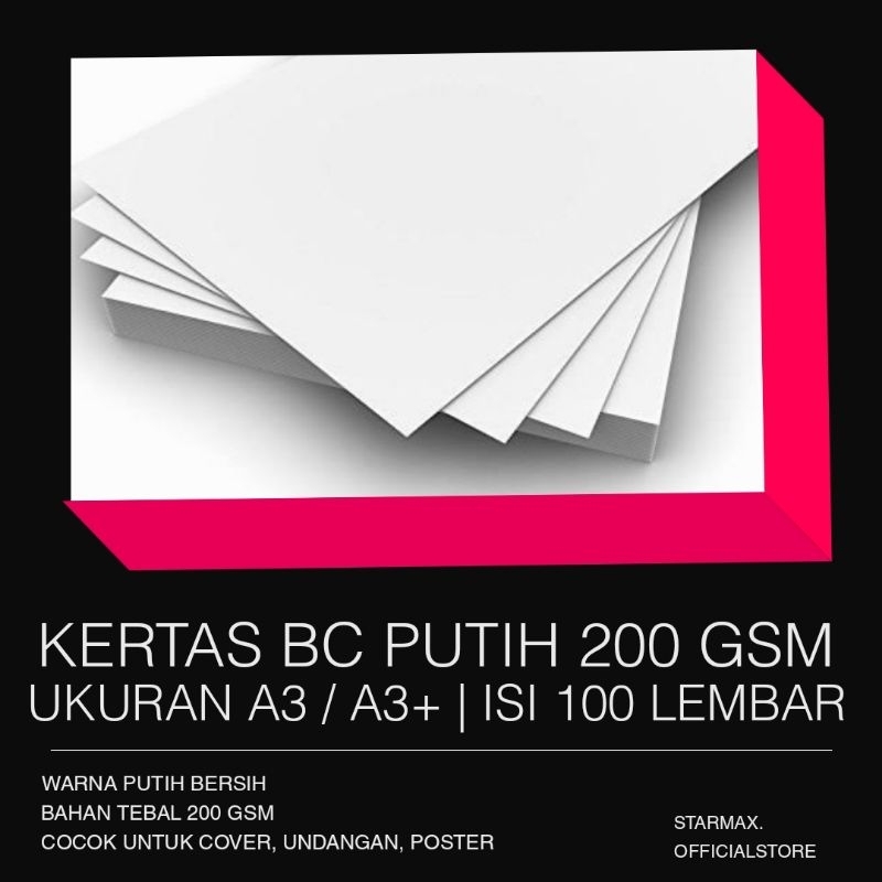 

100 LEMBAR | Kertas BC Tik Putih 200 gsm ukuran A3 /A3+ | per pack isi 100 lbr