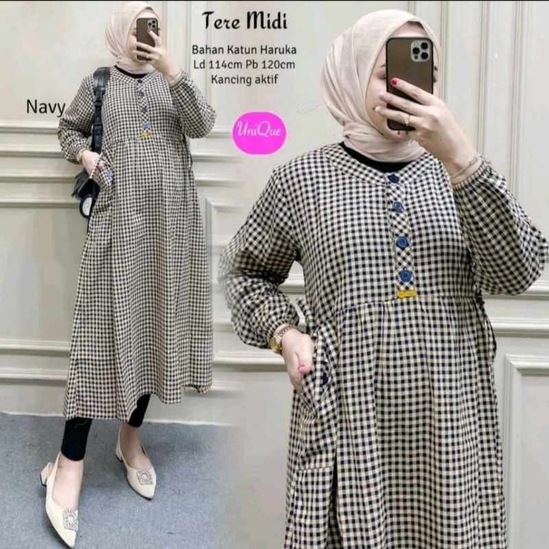 TERE MIDI DRESS MOTIP KOTAK BAHAN KATUN