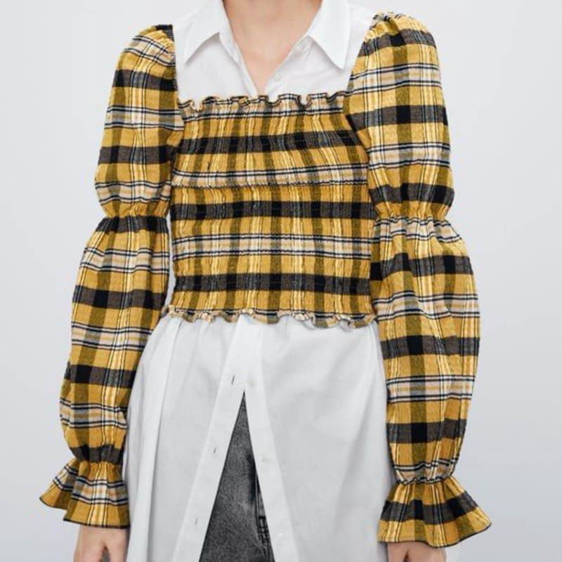 𝙋𝙍𝙀𝙇𝙊𝙑𝙀𝘿 Zara Woman Black & Yellow Checkered Smocked Square Neck Long Sleeve Crop Top Blouse Branded