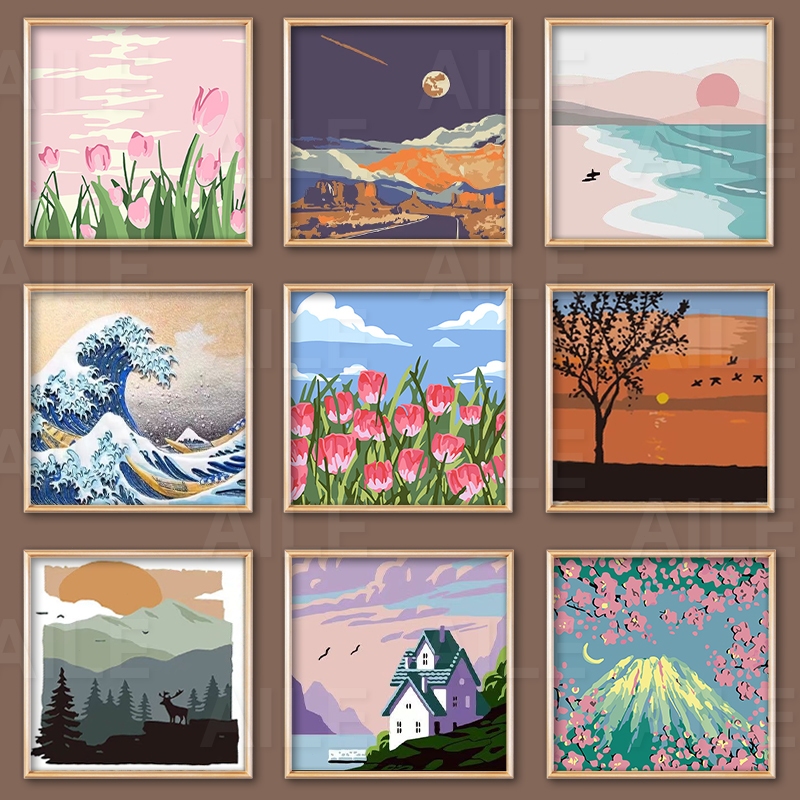PAINT BY NUMBER 20X20CM DIY PAINT KIT WITH FRAME DIGITAL PAINTING LANDSCAPE CARTOON ANIME SERIES