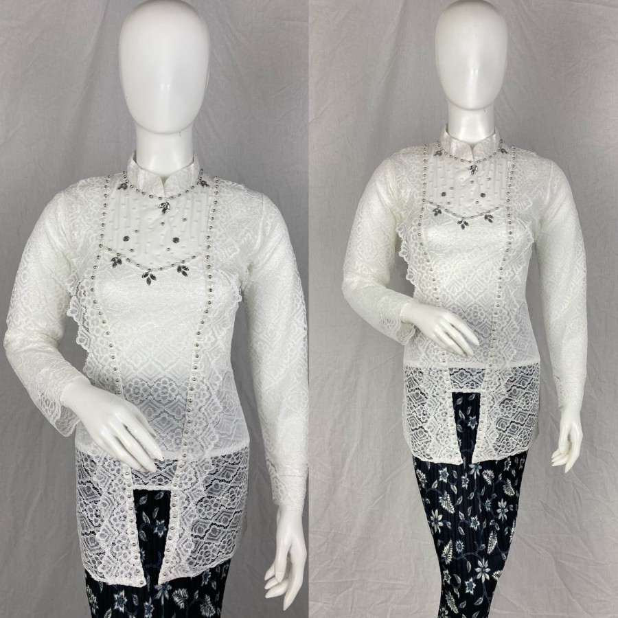 Setelan Kebaya Modern Model Kutu Baru Brukat Payet Kerah Sanghai - Putih