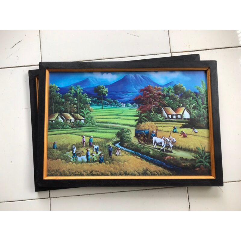 Hiasan dinding plus bingkai Lukisan Cetak pemandangan panen raya pemandangan sawah pegunungan sungai