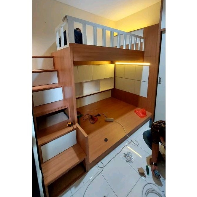 ranjang tingkat anak tangga laci 120x200 mezanine mezzanine