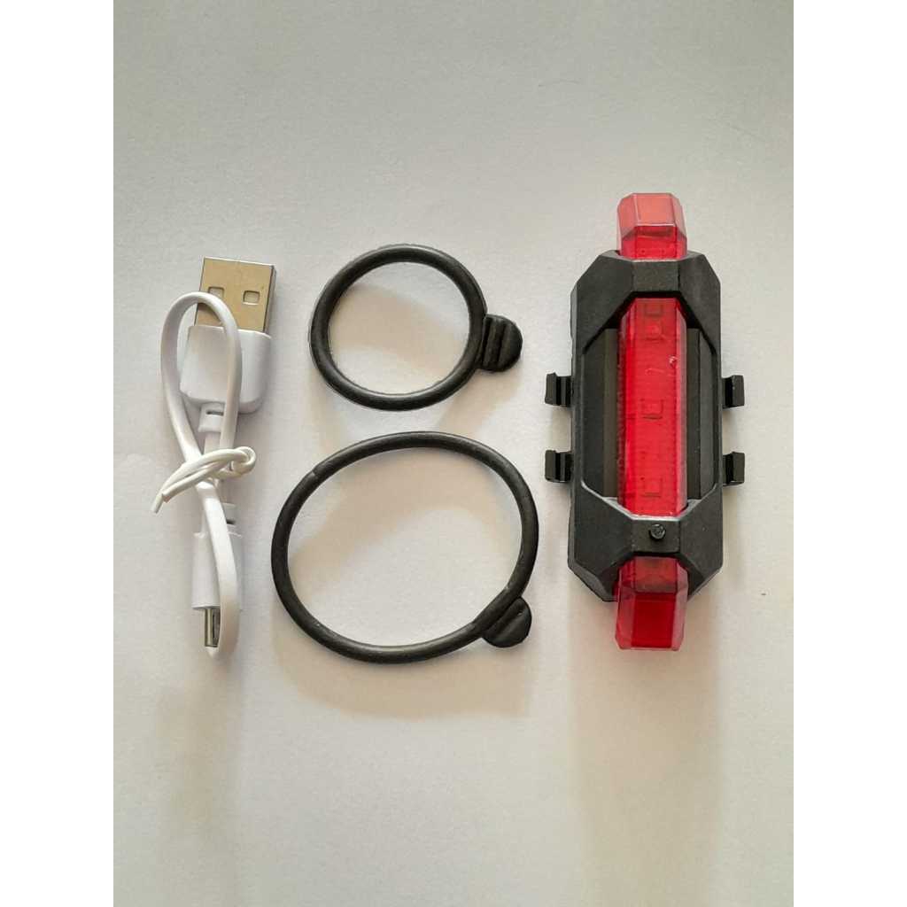 Lampu Belakang Sepeda LED USB Rechargeable+Kabel USB+Tali Karet O ring