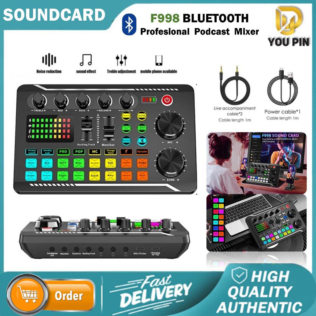 YOU PIN Sound Card Soundcard F998 Live Audio Mixer Broadcast Recording Karaoke