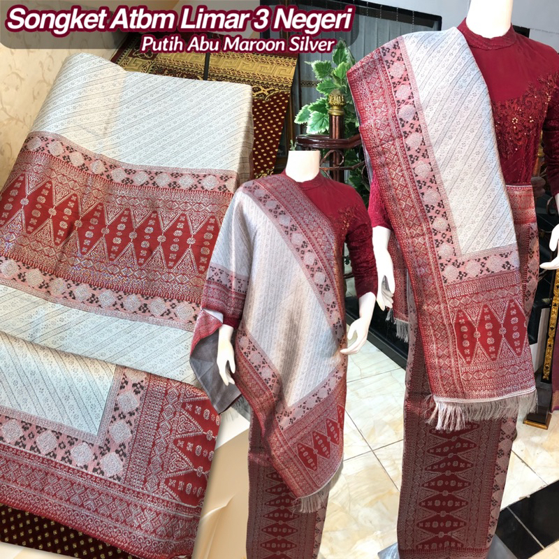 NEW Songket Atbm Limar 3 Negeri Exclusive Putih Abu Maroon Silver/ Songket Tenun Mesin Palembang ilham Songket  / Motif Pulir
