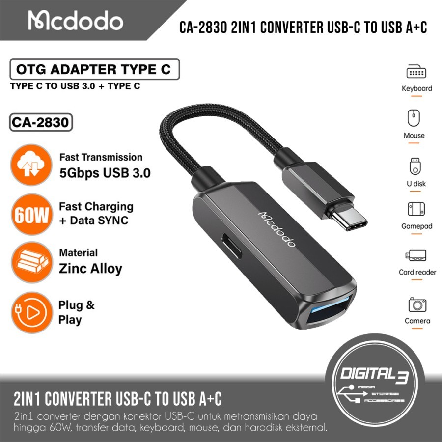 Mcdodo CA-2830 Adapter Splitter USB-C to USB-A + USB-C Converter OTG