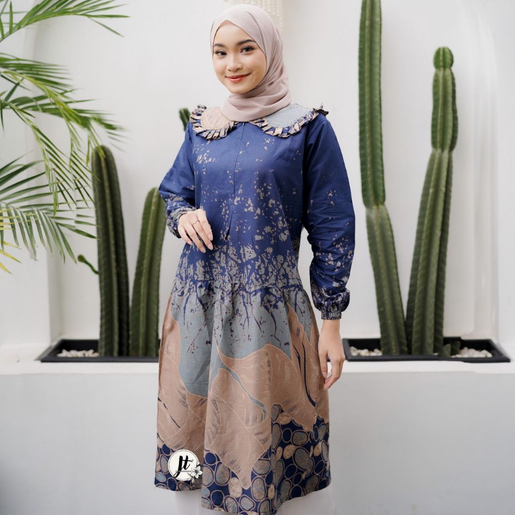 Tunik Baju Batik Lukis Biru Navy Wanita Atasan Batik Katun Kombinasi Lengan Panjang Karet M L XL