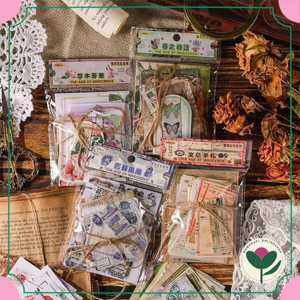 

1 set isi 100 pcs innocence deco paper vintage retro jurnal DIY scrapbook kertas hias estetik MK1636