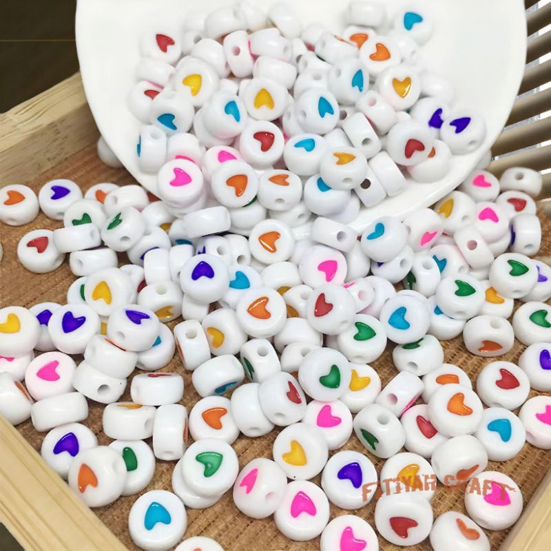 100 Pcs Manik Manik Bulat Pipih Love Warna Warni Manik Manik Mote Love Bulat Pipih