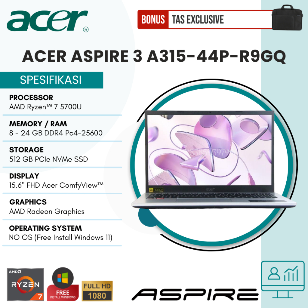 LAPTOP GAMING ACER ASPIRE 3 A315-44P-R9GQ | AMD RYZEN  7 5700U | 24GB RAM | 512GB SSD | 15.6" FHD | FREE INSTALL WINDOWS 11 + TAS LAPTOP